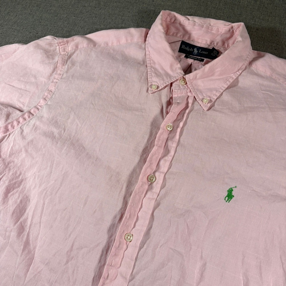 Ralph Lauren Button Down Shirt Men XXL Pink Linen Blend Short Sleeve Classic Fit